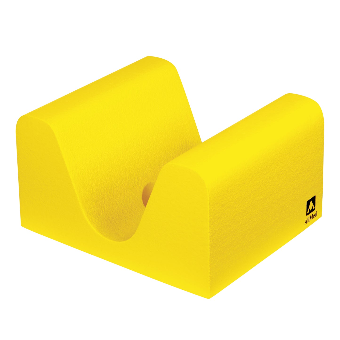 An AliMed Protecta-Coat Anterior/Posterior Skull Block. It is yellow with a curved top and side logo.