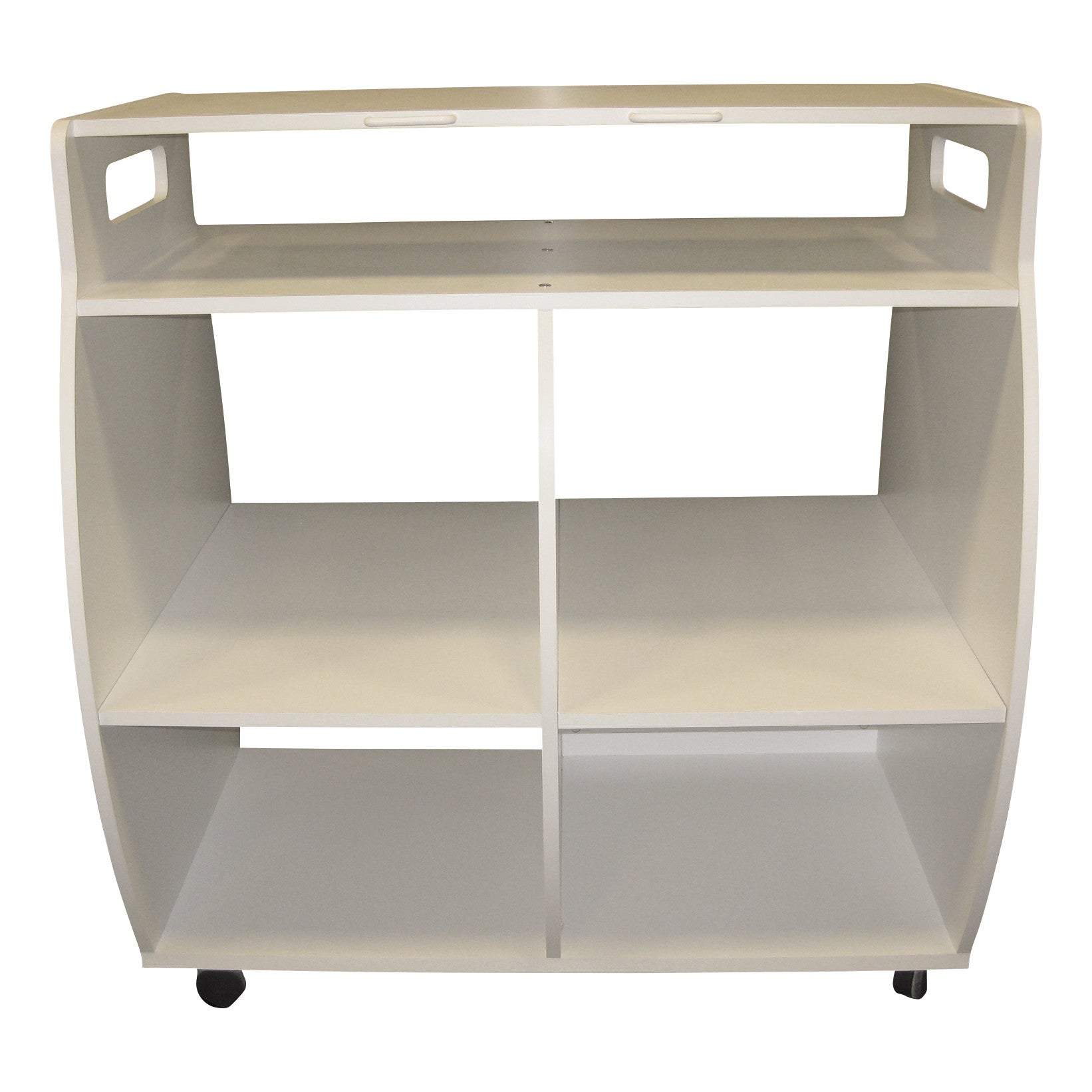 White MR-Conditional Coil Cart with four shelves, curved sides, and handles. It has small wheels for mobility.