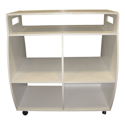 White MR-Conditional Coil Cart with four shelves, curved sides, and handles. It has small wheels for mobility.