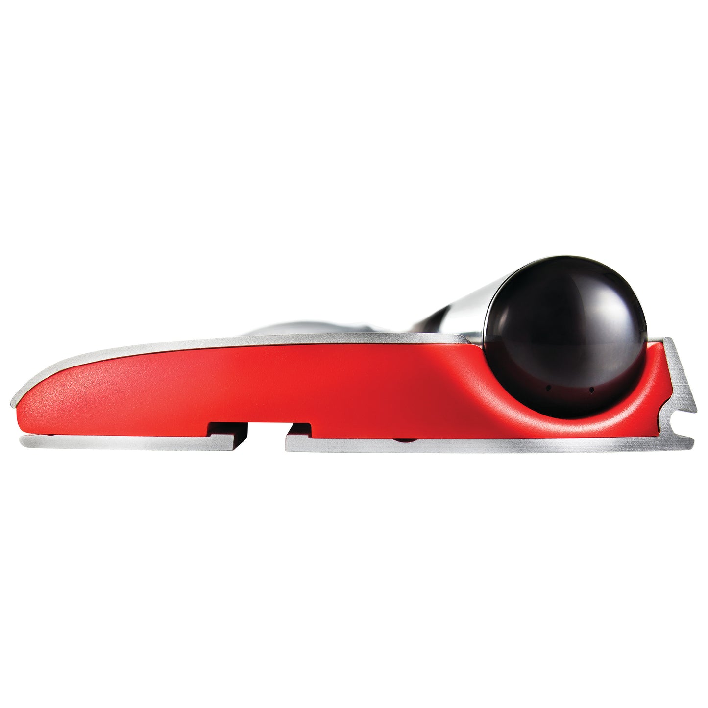 A side view of the Contour RollerMouse Red, featuring its sleek red design and prominent roller bar.