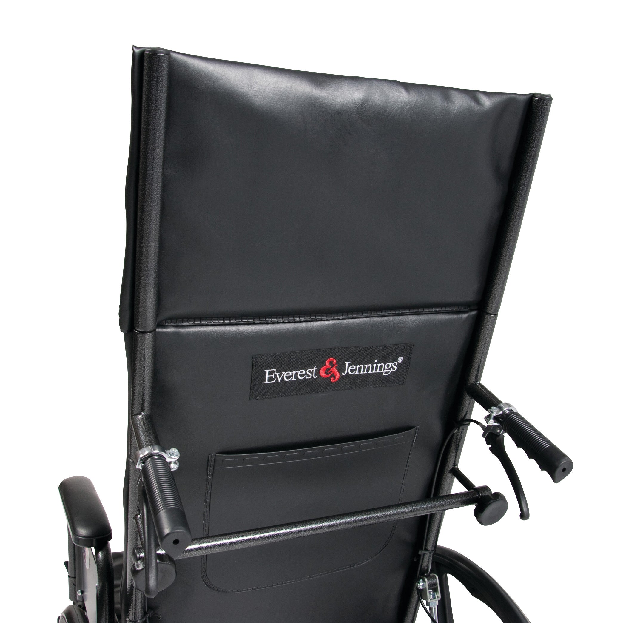 The back of an Everest & Jennings Advantage Recliner Wheelchair. It features a black seat with handles and logo.