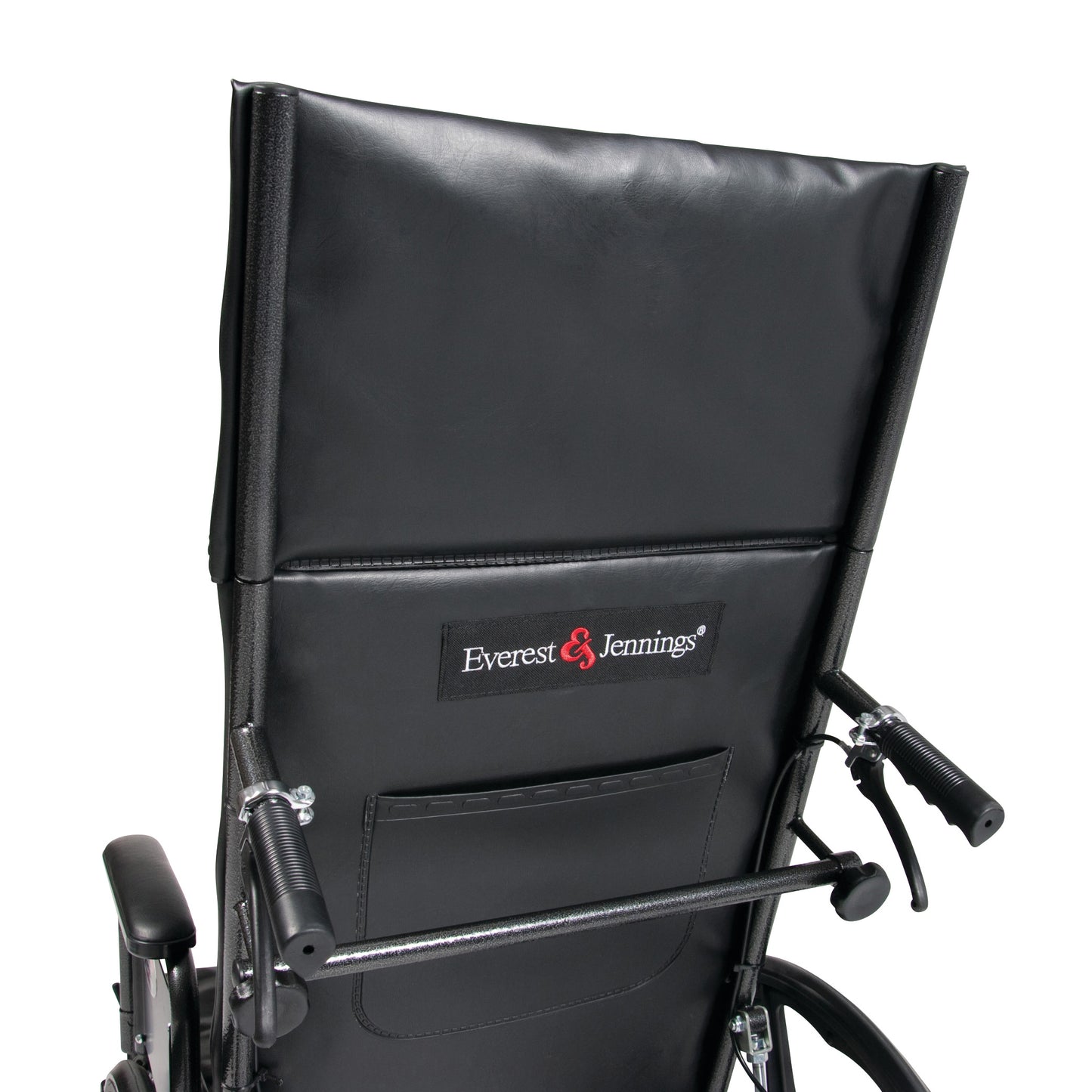 The back of an Everest & Jennings Advantage Recliner Wheelchair. It features a black seat with handles and logo.