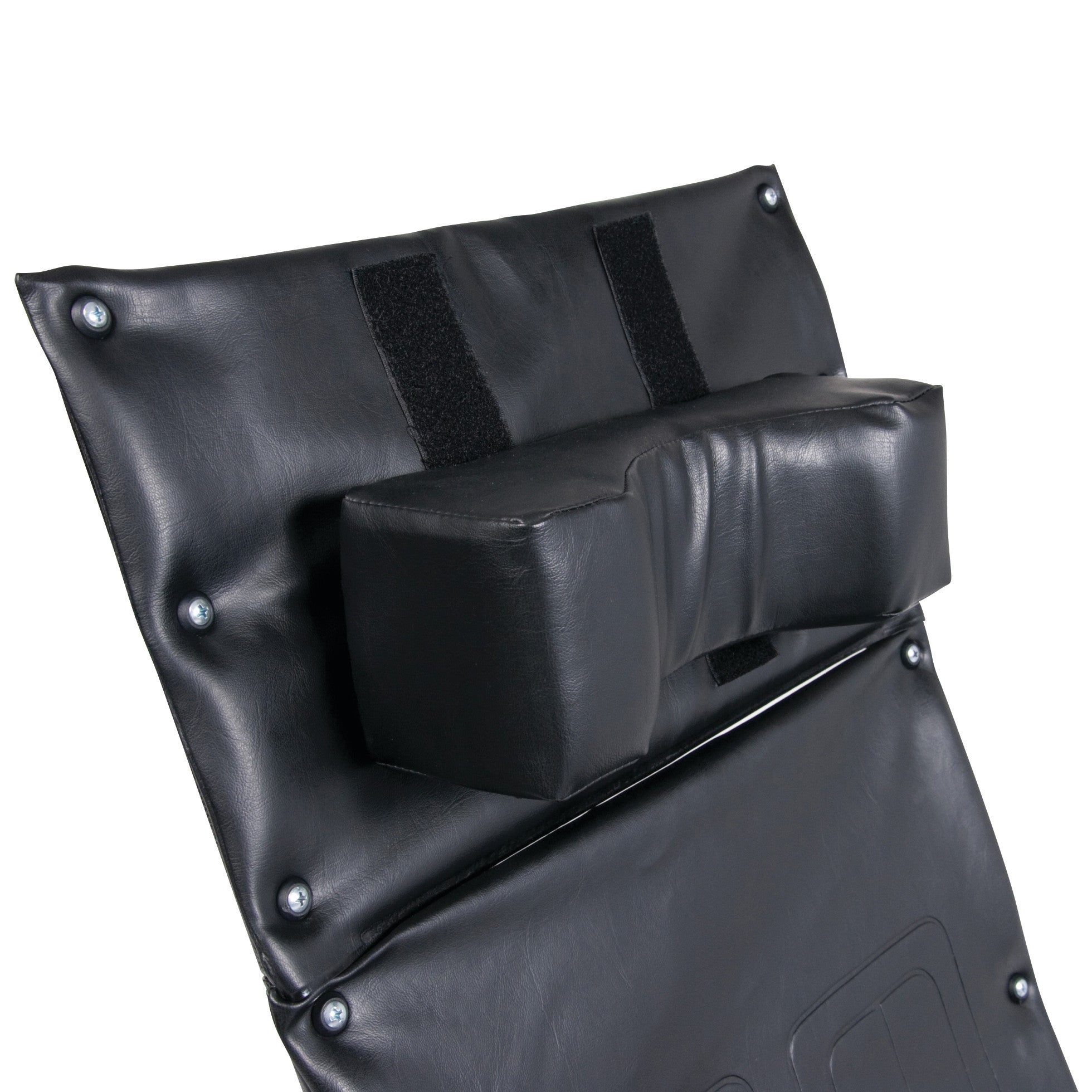 Close-up of the backrest of an Everest & Jennings Advantage Recliner Wheelchair with black padding and a headrest.