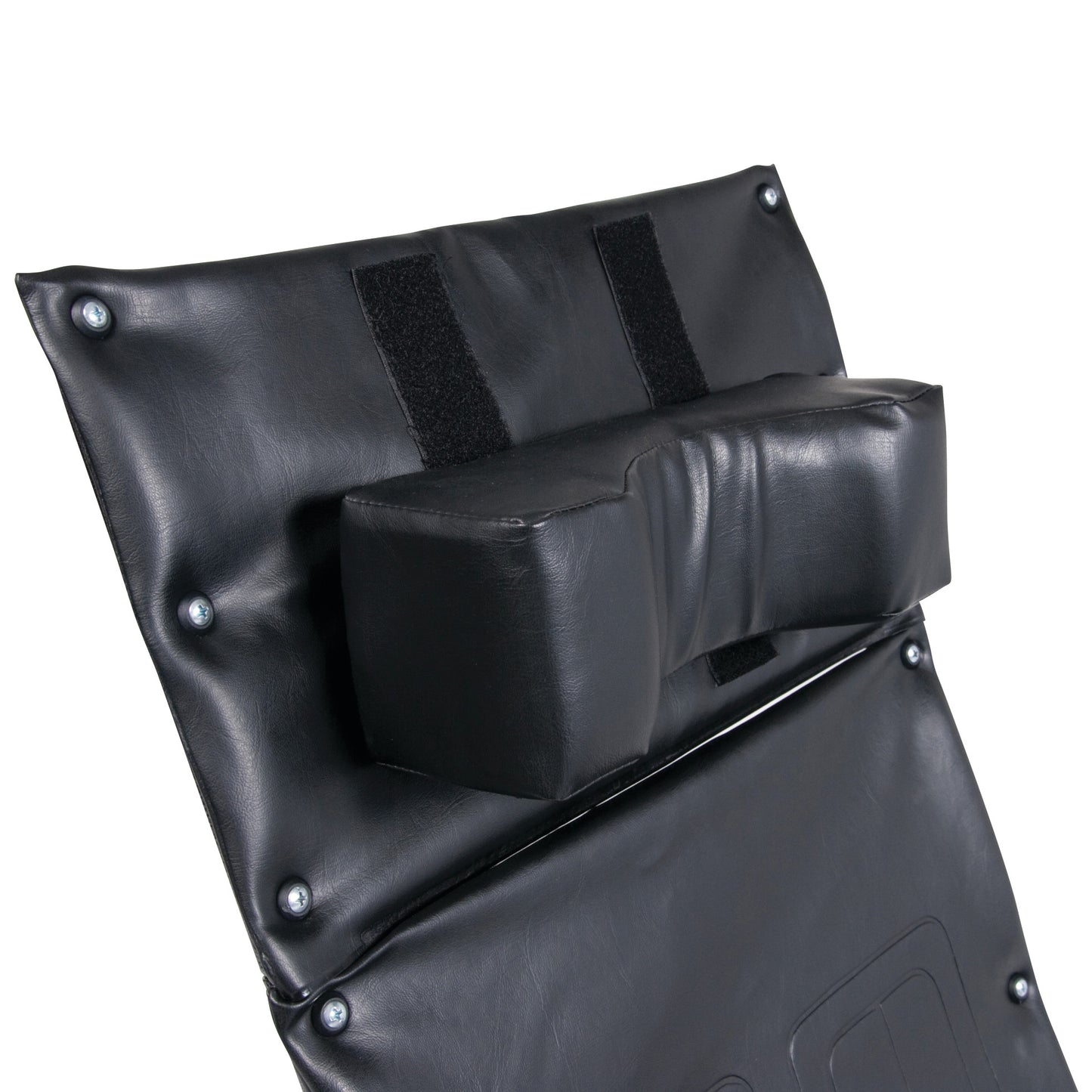 Close-up of the backrest of an Everest & Jennings Advantage Recliner Wheelchair with black padding and a headrest.