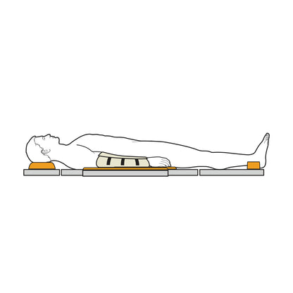 A person lying on their back is supported by the AliMed AliGel Basic Positioning Set, with pads under the head, back, and feet.