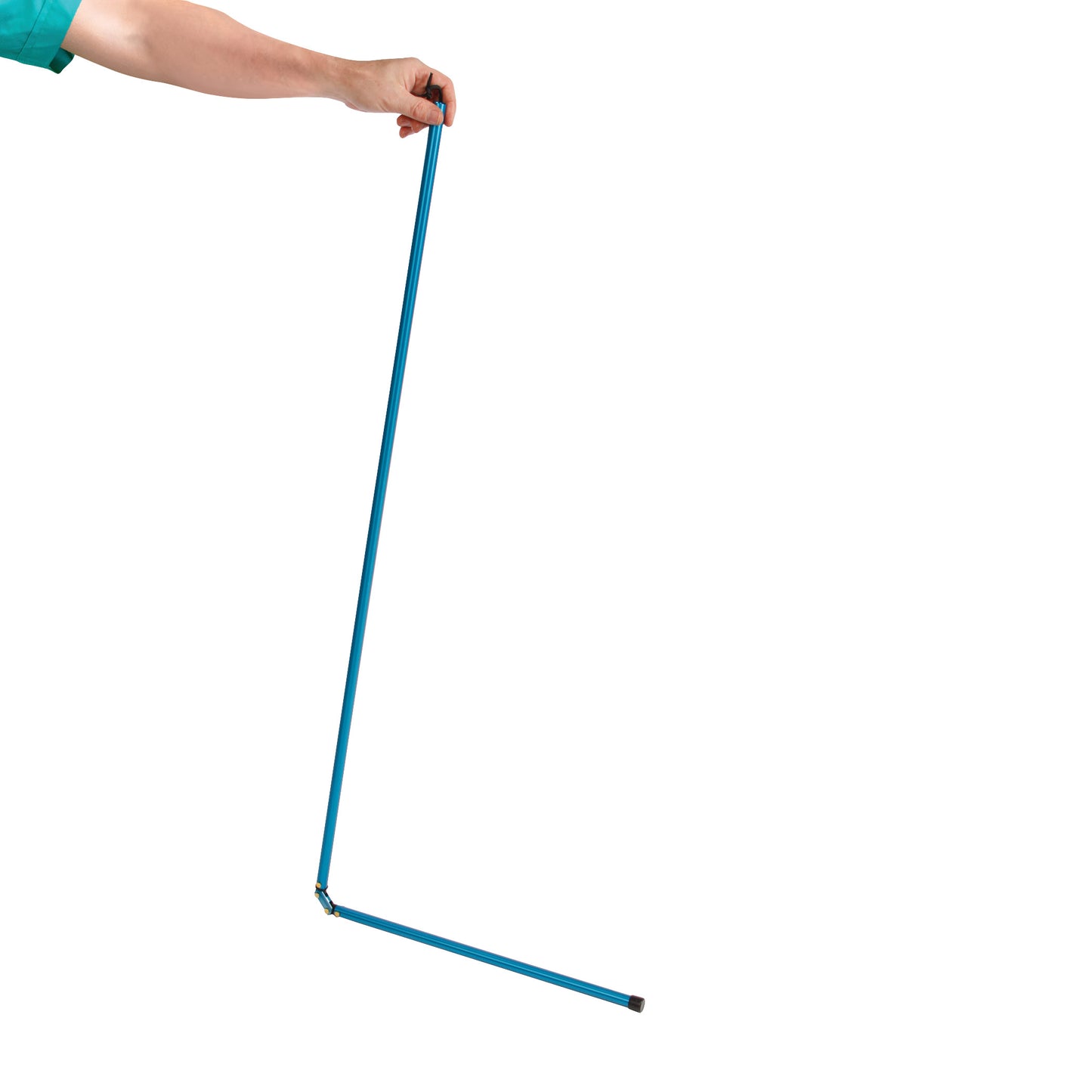 A hand holds an AliMed Low-Profile Magnetic Needle Finder, which is a blue, L-shaped tool used for locating needles.