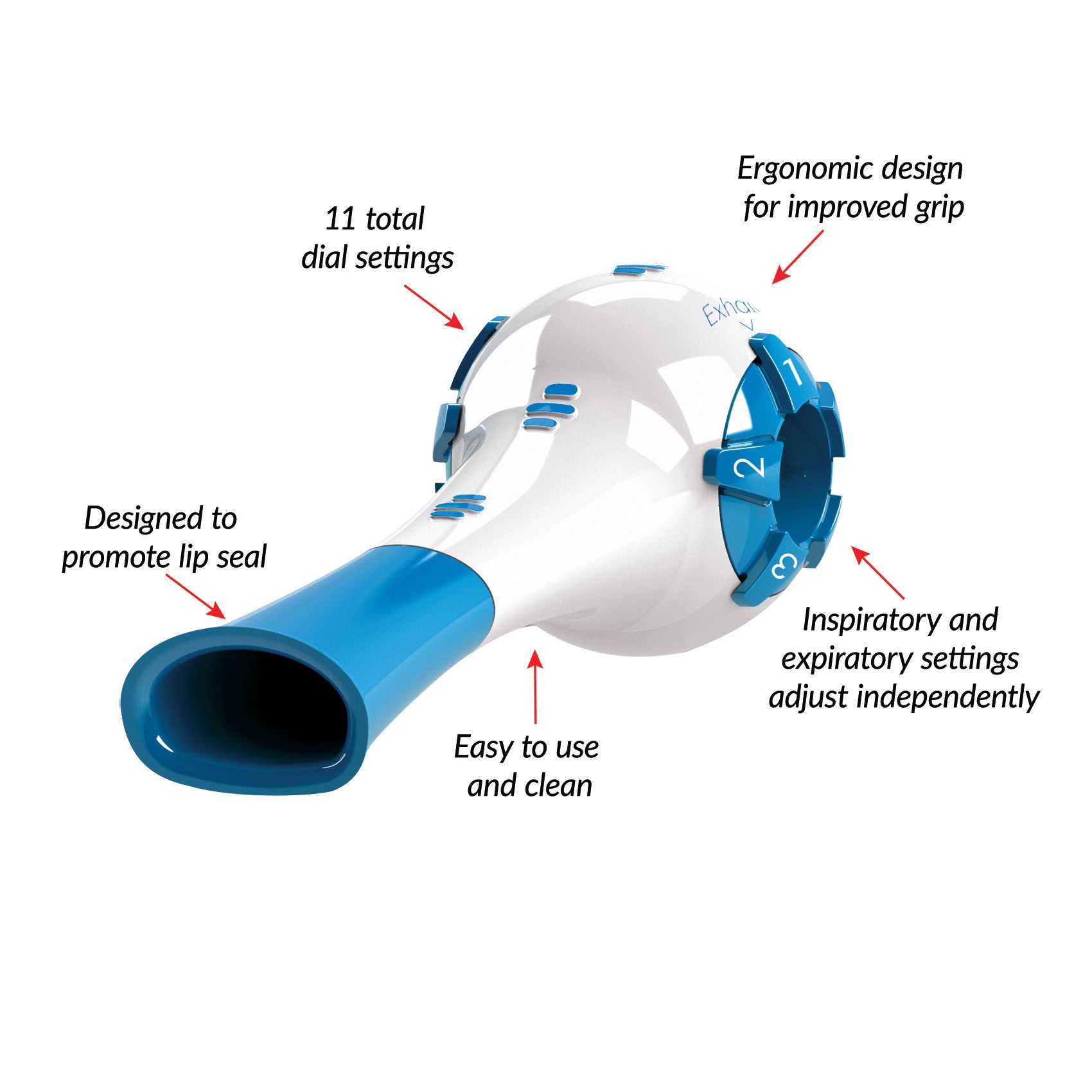 THE BREATHER Respiratory Muscle Trainer with ergonomic grip, 11 dial settings, and independent inspiratory-expiratory adjustments.