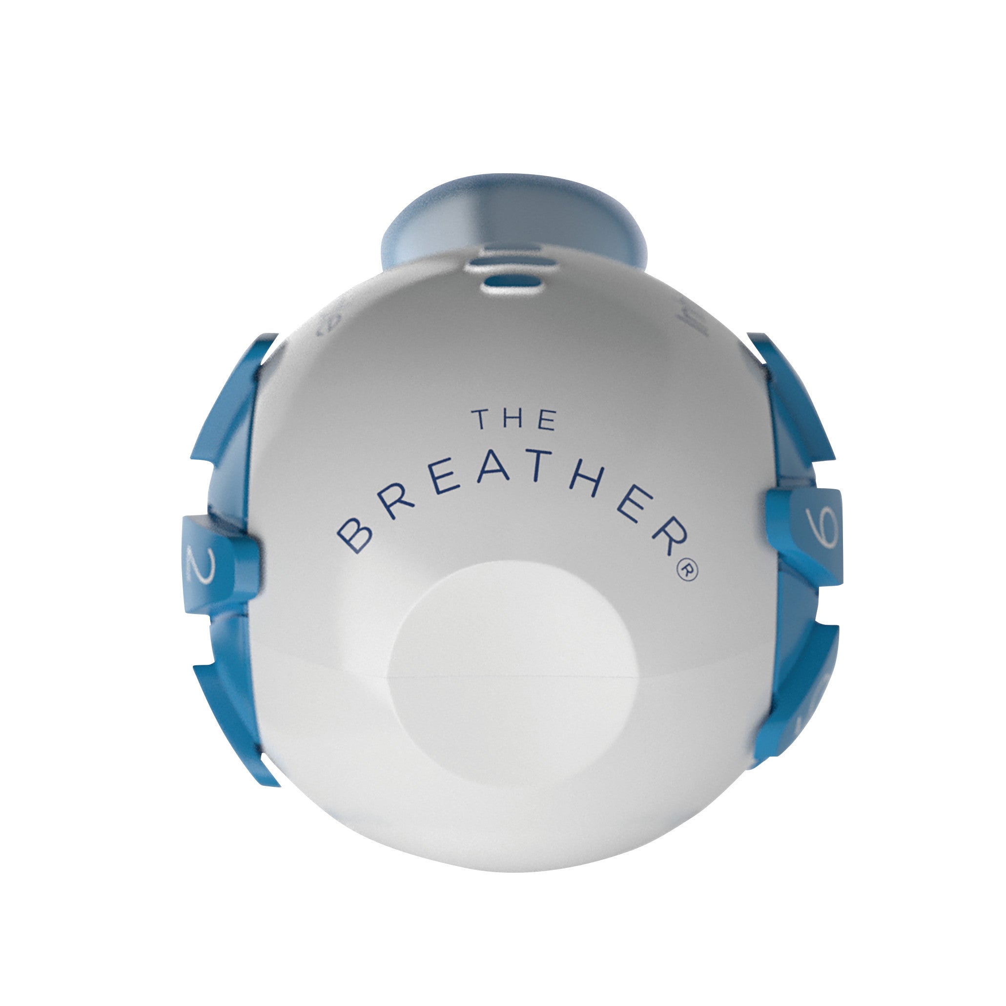 "THE BREATHER Respiratory Muscle Trainer," a white spherical device with blue accents for respiratory muscle training.