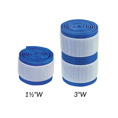 Two rolls of AliMed AliStrap Precut Patient Safety Strap in blue with white hook and loop strap, shown two widths.