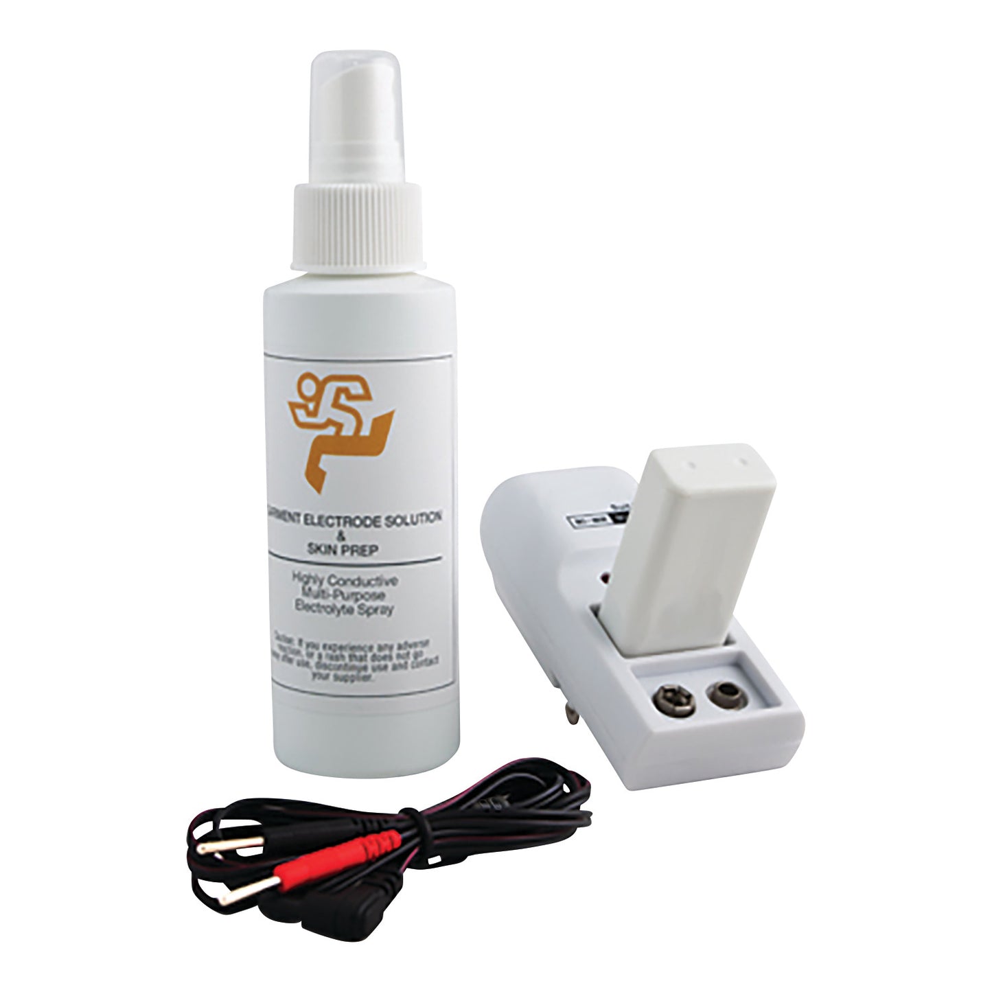 The Pain Management Technologies JStim 1000 Knee System, featuring a spray bottle, cables, and an electrode attachment.