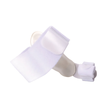 A Silipos Day and Night Gel Bunion Splint with white fabric and a gel pad, designed to align and cushion the big toe.