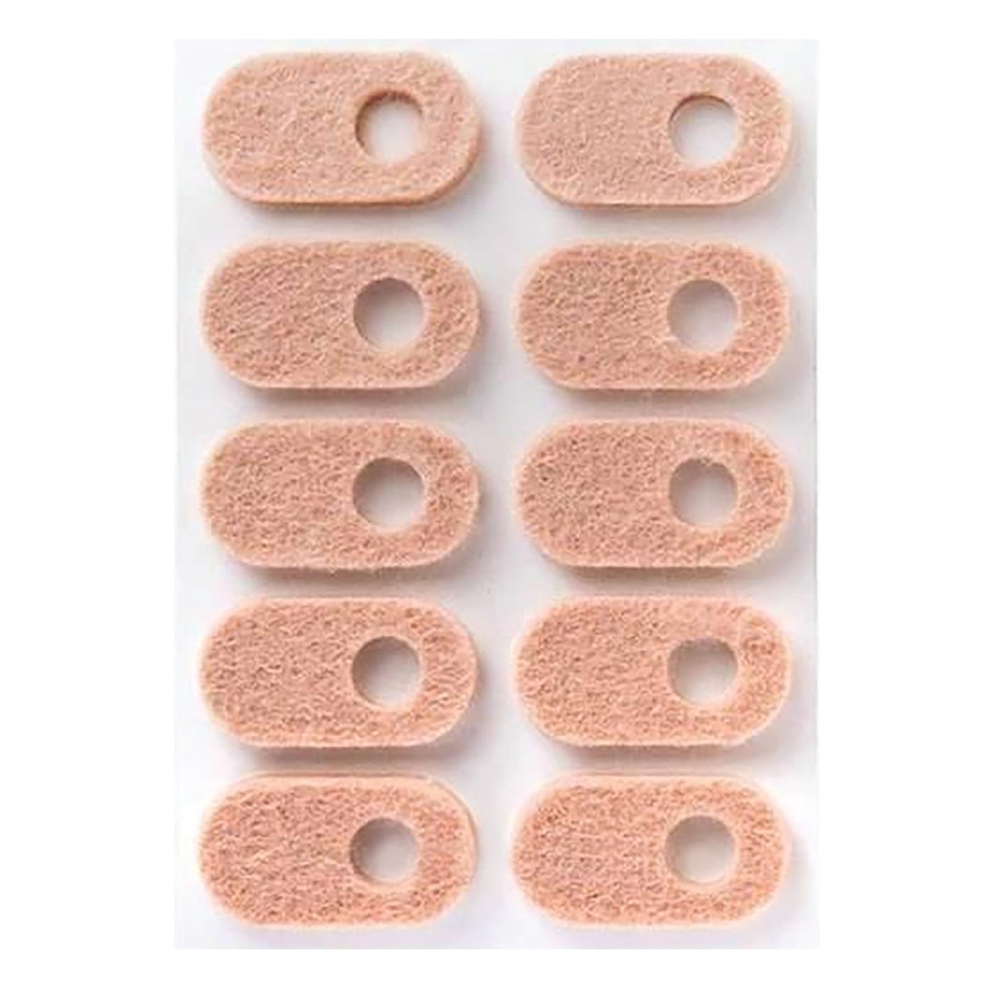 A sheet of PediFix FELTastic Corn Protector pads. The pads are peach-colored, oval-shaped, with a hole in the center.