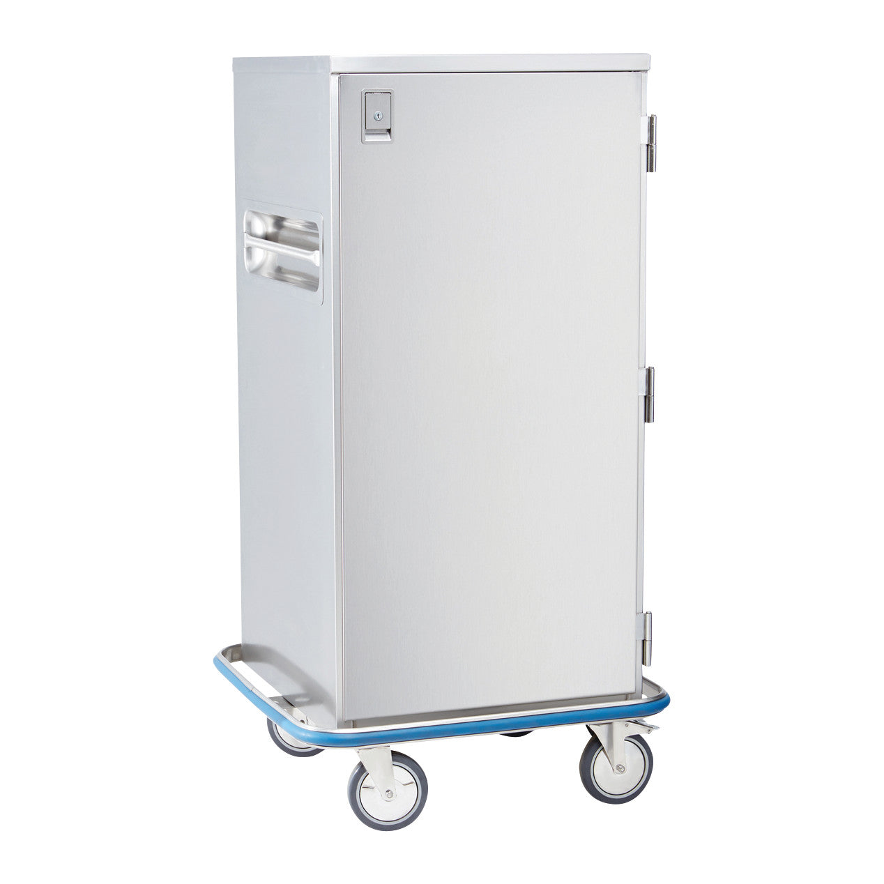 A Blickman Space Saver Case Cart. It's a stainless steel cart with a locking door, side handles, and four wheels.