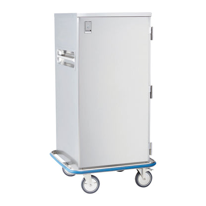 A Blickman Space Saver Case Cart. It's a stainless steel cart with a locking door, side handles, and four wheels.