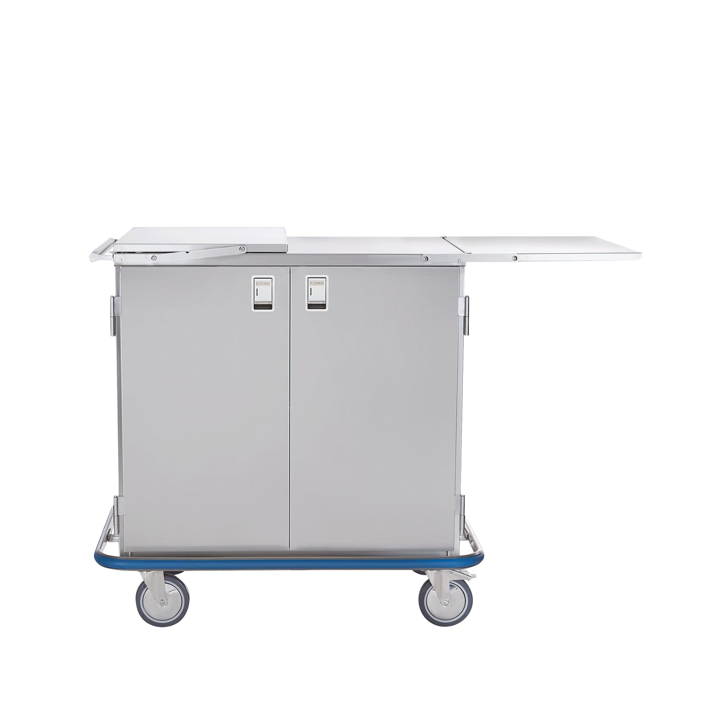 A Blickman Multipurpose Case Cart with a stainless steel finish, two doors, and caster wheels for mobility.