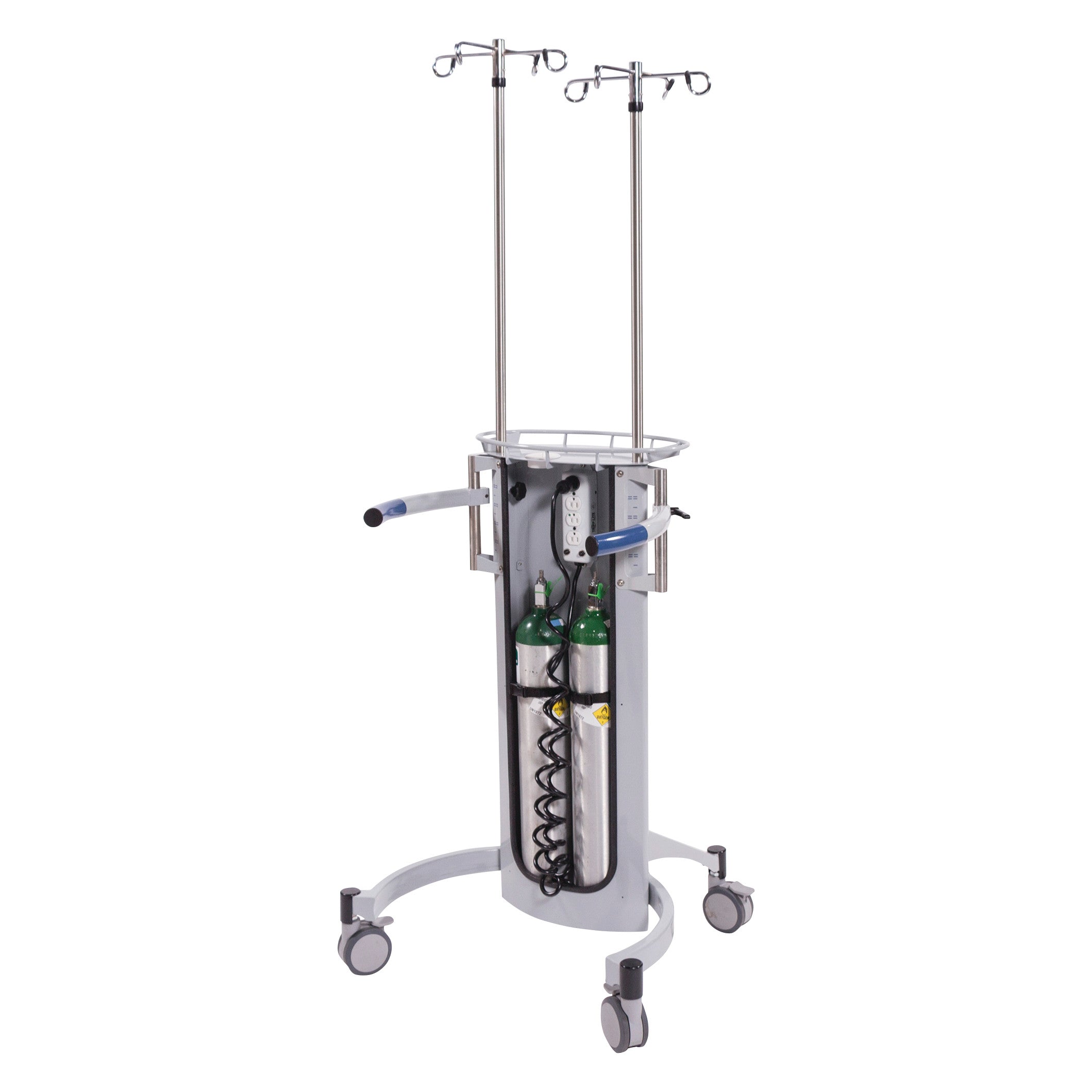 The Blickman Nezzie Ambulation Device with dual IV poles, oxygen tank storage, and wheels for mobility.