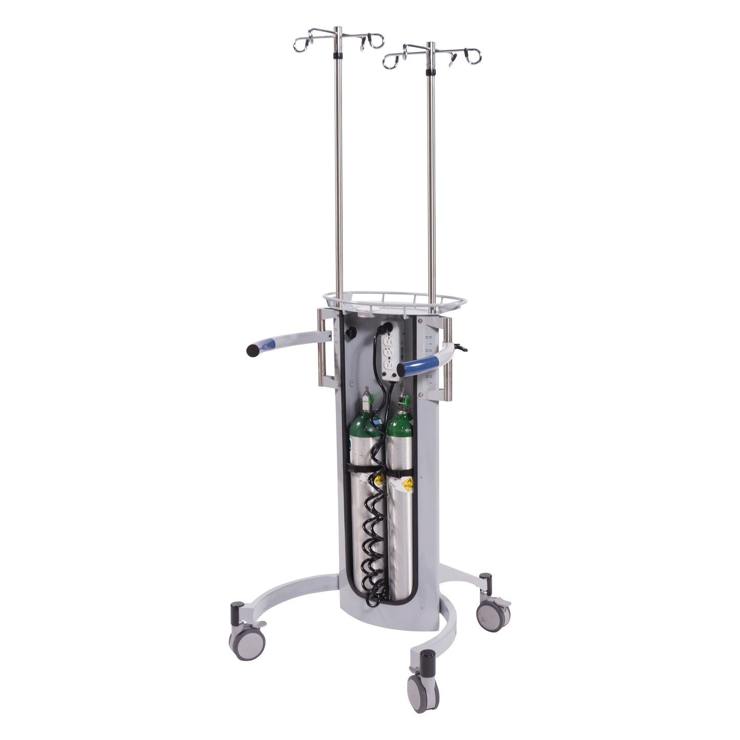 The Blickman Nezzie Ambulation Device with dual IV poles, oxygen tank storage, and wheels for mobility.