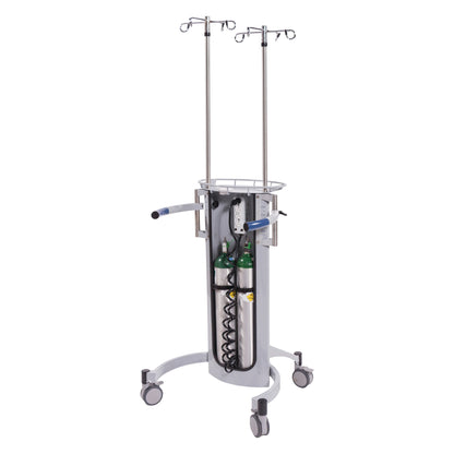 The Blickman Nezzie Ambulation Device with dual IV poles, oxygen tank storage, and wheels for mobility.