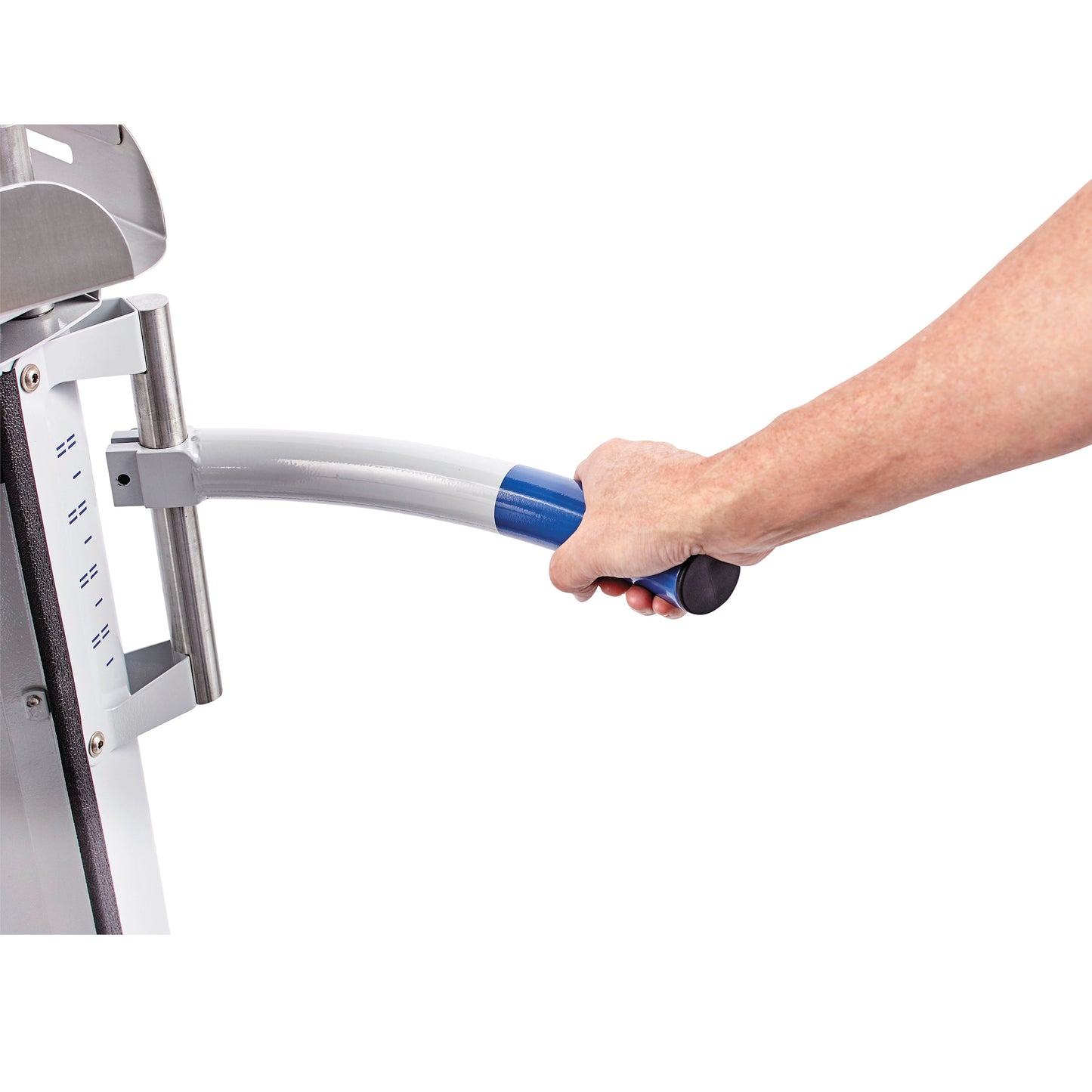 A person's hand holds the handle of a Blickman Nezzie Ambulation Device, showing the handle's design and grip.
