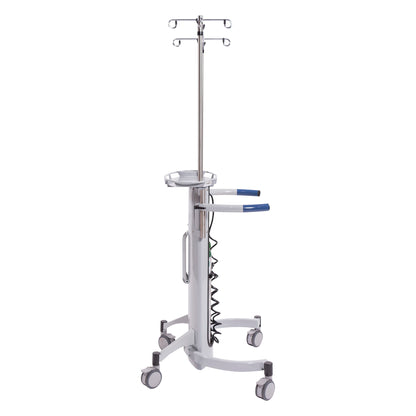 A Blickman Nezzie Ambulation Device with four wheels, handles, an IV pole, and a wire basket for medical use.