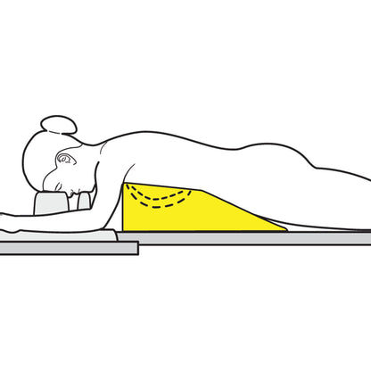 A woman lies prone on a bed using the AliMed Protecta-Coat Female Prone Positioner, a yellow wedge cushion supporting her torso.