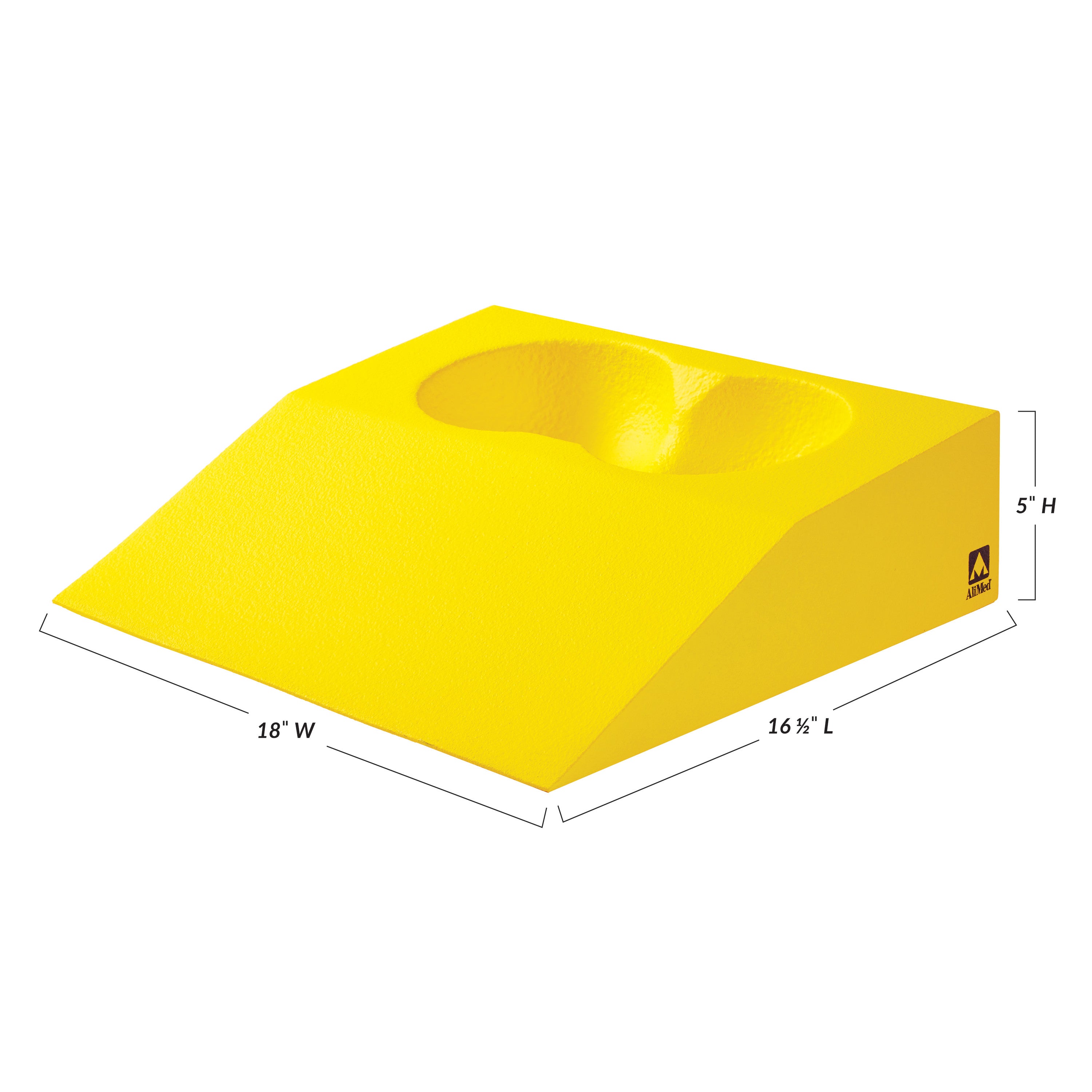 Yellow AliMed Protecta-Coat Female Prone Positioner with dimensions 18"W x 16.5"L x 5"H, featuring a contoured surface.