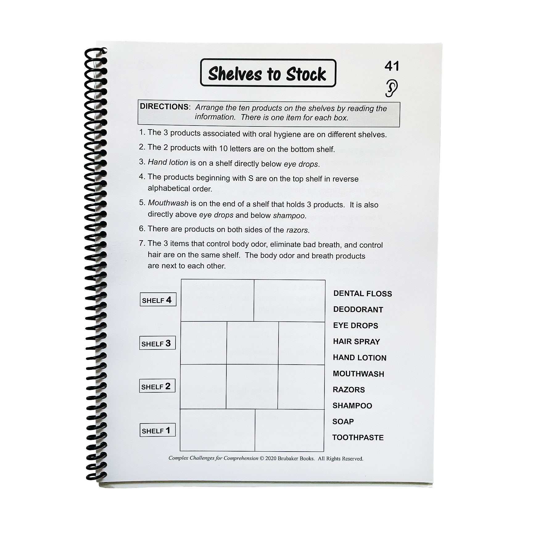 A spiral-bound book page titled "Shelves to Stock" features a logic puzzle rom Complex Challenges for Comprehension.