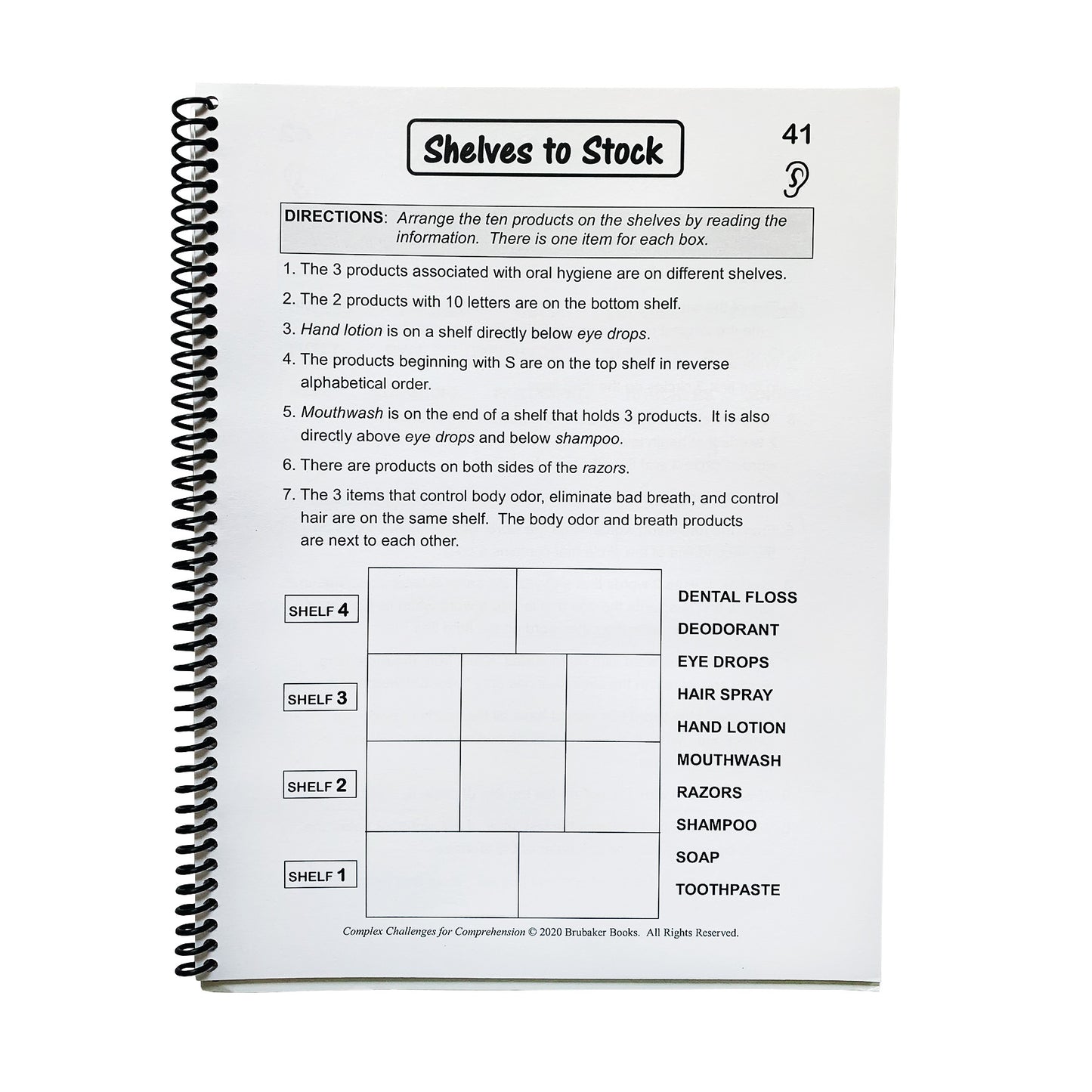 A spiral-bound book page titled "Shelves to Stock" features a logic puzzle rom Complex Challenges for Comprehension.