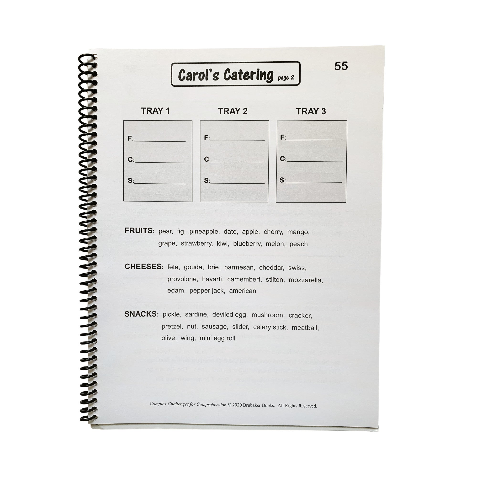 Spiral-bound page labeled "Carol's Catering" with trays for fruits, cheeses, and snacks, from Complex Challenges for Comprehension.