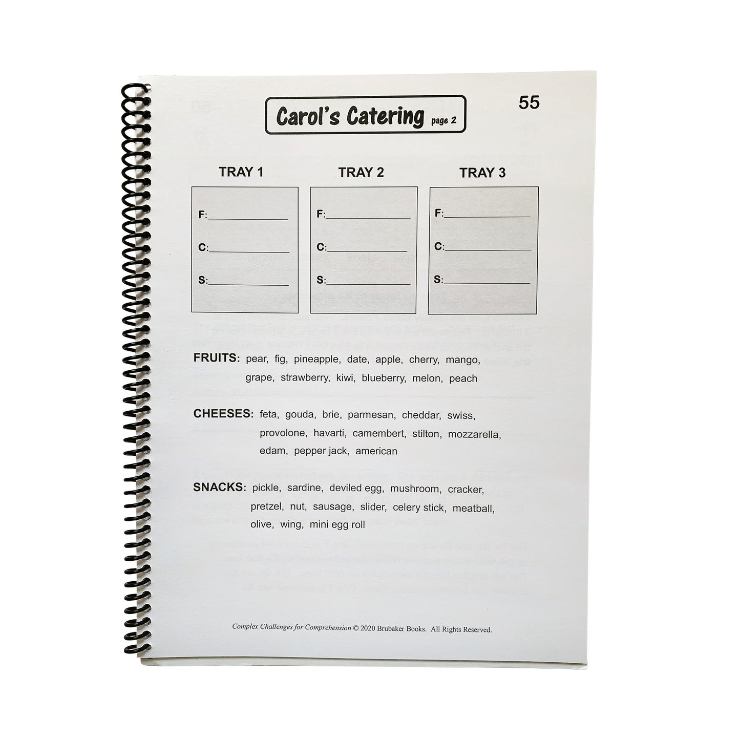 Spiral-bound page labeled "Carol's Catering" with trays for fruits, cheeses, and snacks, from Complex Challenges for Comprehension.