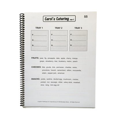 Spiral-bound page labeled "Carol's Catering" with trays for fruits, cheeses, and snacks, from Complex Challenges for Comprehension.