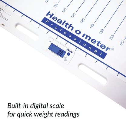 Health o meter Patient Transfer Scale with digital display and blue measurement lines on a white background.