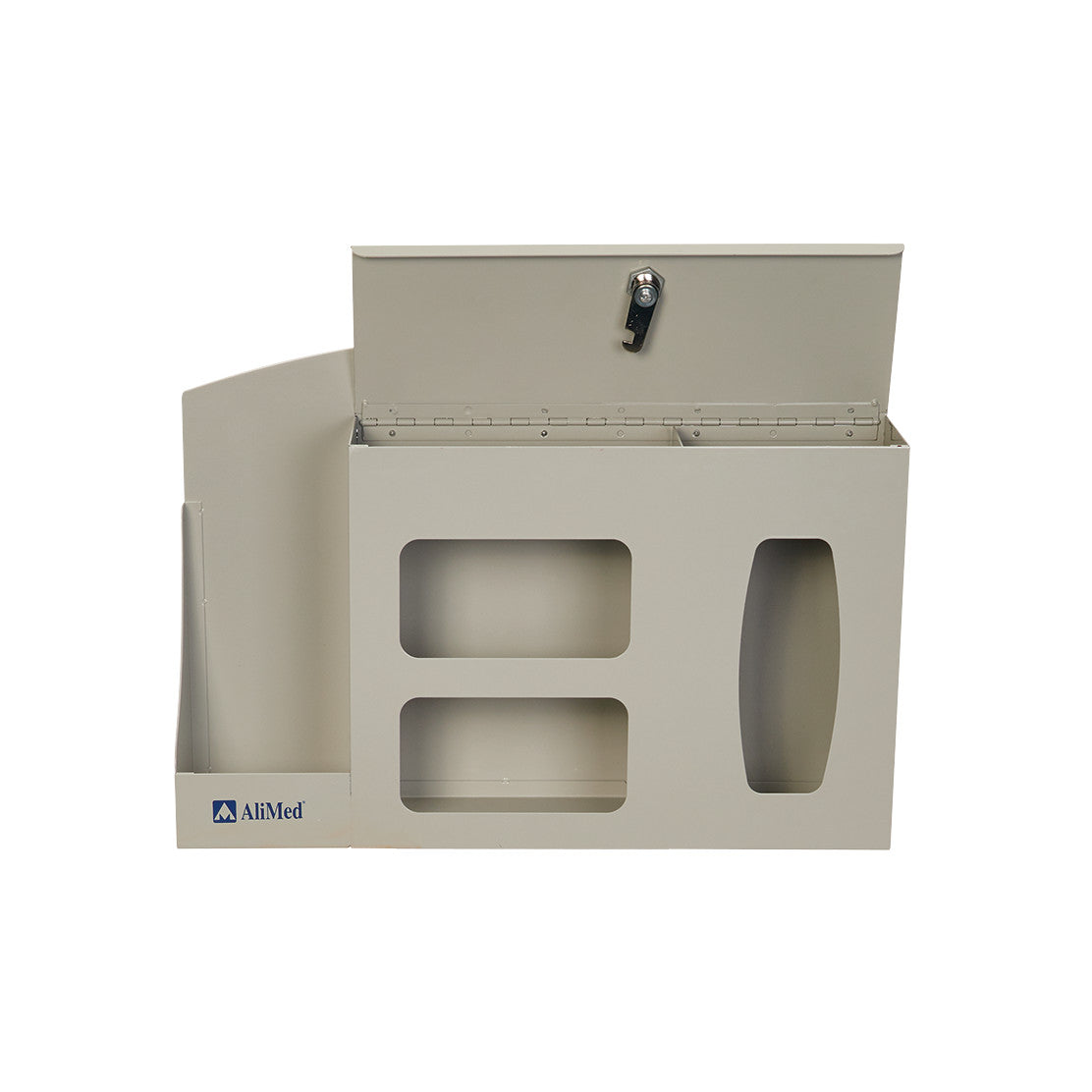 An AliMed Infection Prevention Station, featuring compartments and a lockable top section in a beige color.