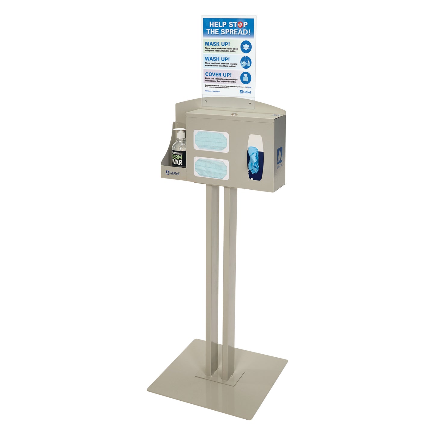 The AliMed Infection Prevention Station includes a sanitizer bottle, face masks, gloves, and a sign promoting hygiene practices.