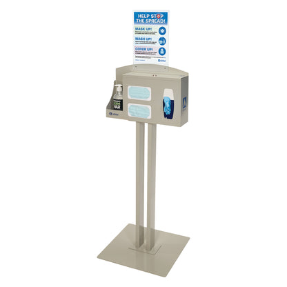 The AliMed Infection Prevention Station includes a sanitizer bottle, face masks, gloves, and a sign promoting hygiene practices.