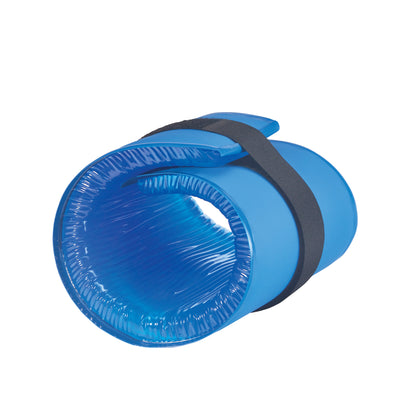 An AliMed AliBlue Gel Ulnar Nerve Protector. It is blue, rolled up, and secured with a black strap.