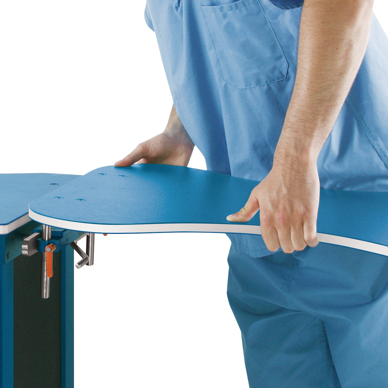 A person adjusts an AliMed Quick-Snap Table Clamp with a blue tabletop, wearing blue scrubs.