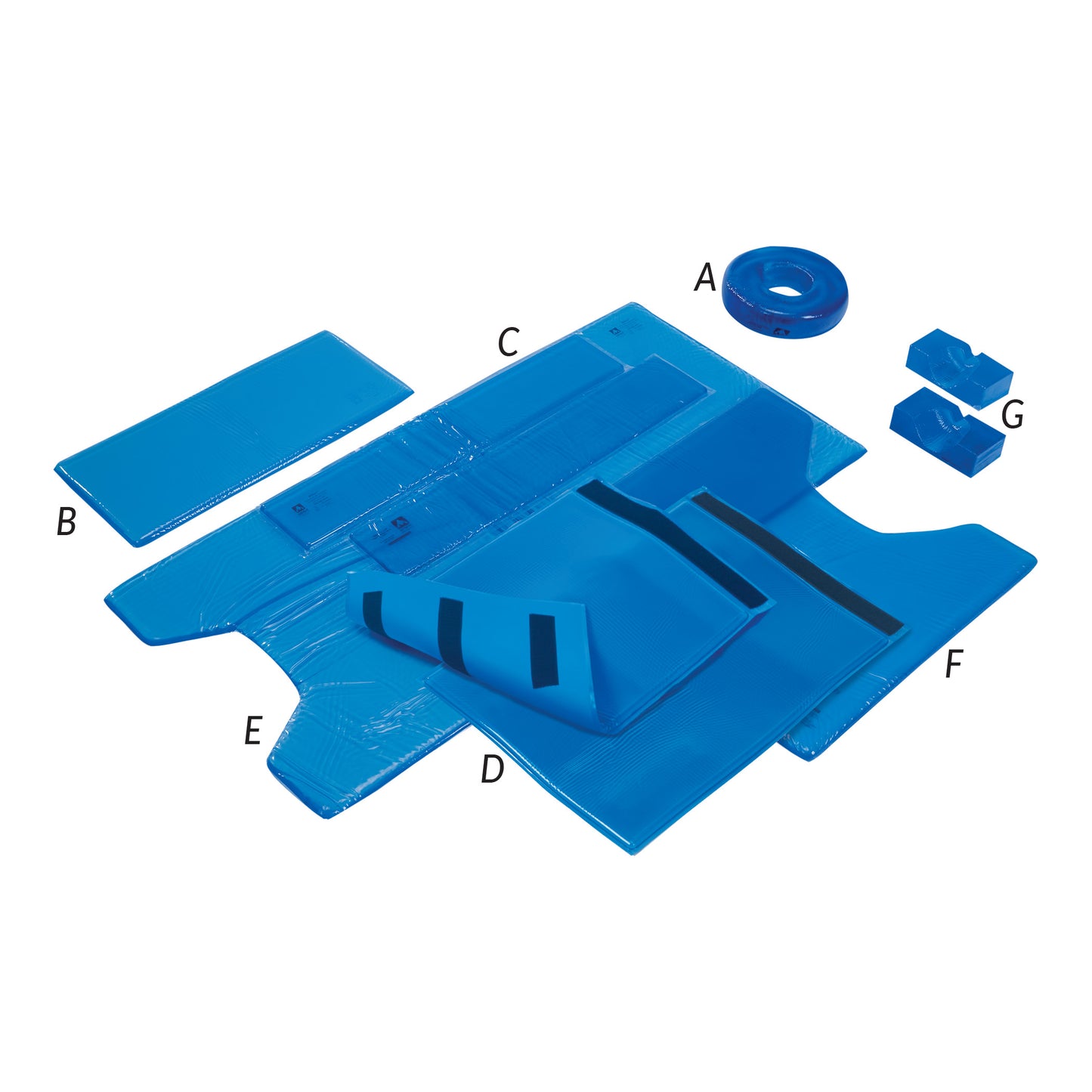 The AliMed AliBlue Gel Select Positioning Set includes blue gel pieces such as pads and blocks for patient support and comfort.