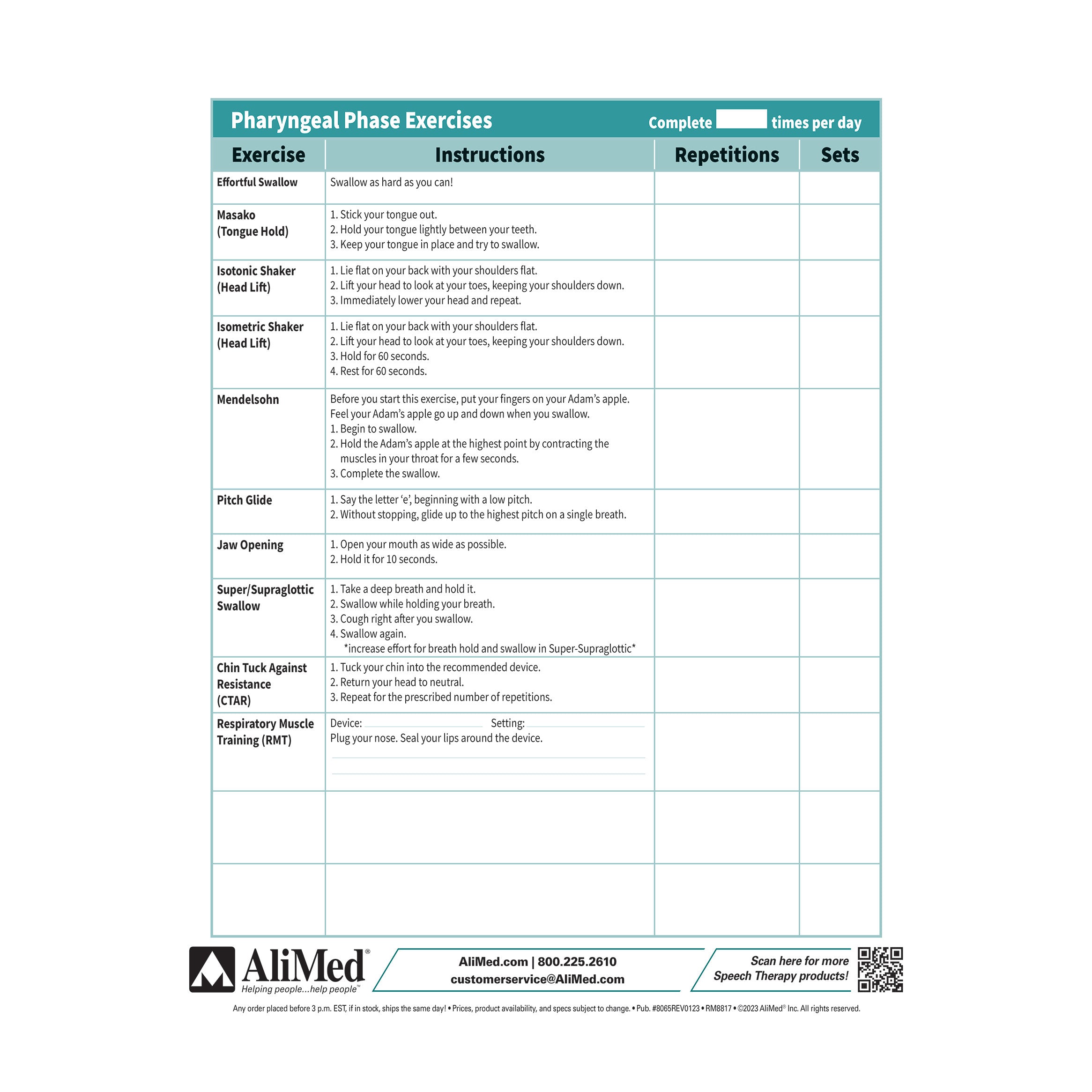 The AliMed Swallow Rehabilitation Guide, featuring a table of pharyngeal phase exercises with instructions, repetitions, and.