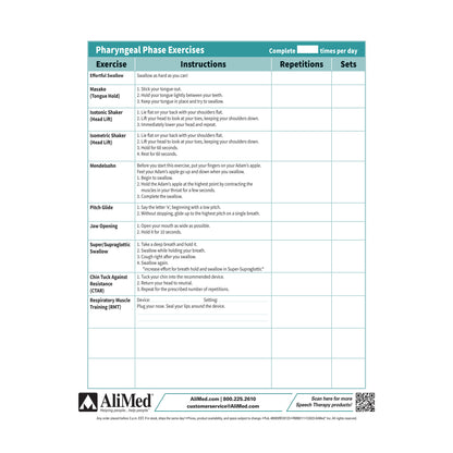 The AliMed Swallow Rehabilitation Guide, featuring a table of pharyngeal phase exercises with instructions, repetitions, and.
