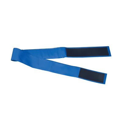 An AliMed AliBlue Gel Armboard Strap. It is a blue strap with black hook and loop  fasteners at each end.