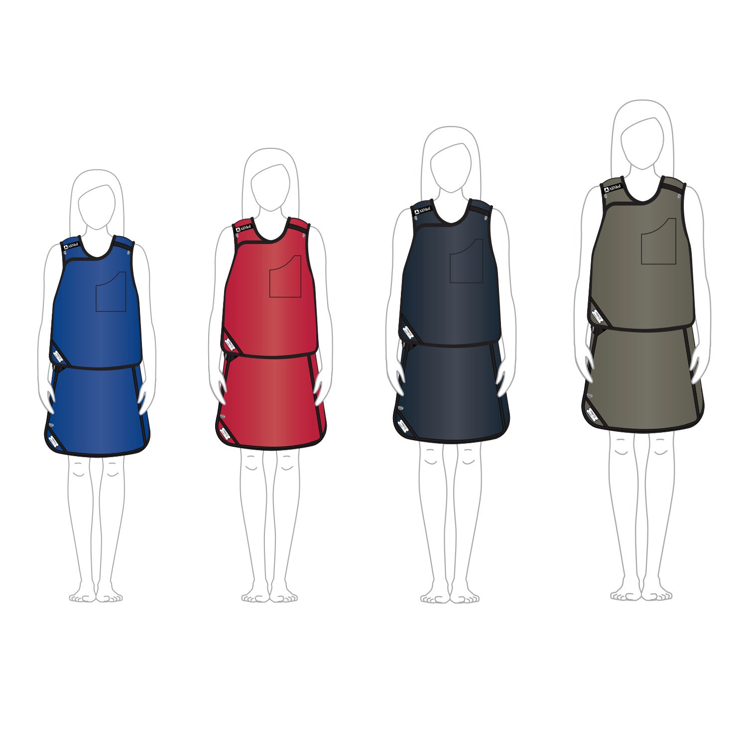 Illustration of female figures wearing AliMed Grab n Go Vest and Kilt Set in blue, red, navy, and gray.