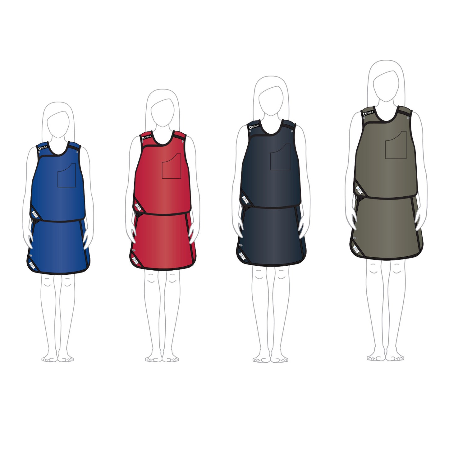 Illustration of female figures wearing AliMed Grab n Go Vest and Kilt Set in blue, red, navy, and gray.