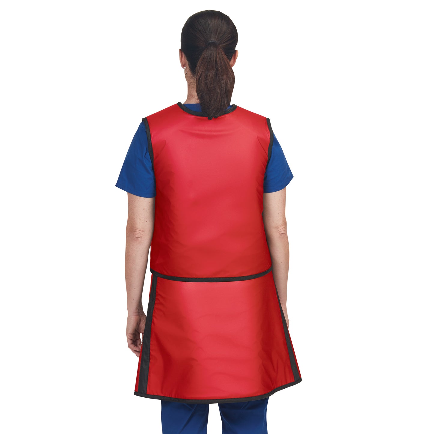 A woman wearing the AliMed Grab n Go Vest and Kilt Set, Female, shown from the back in red with black trim over blue clothing.
