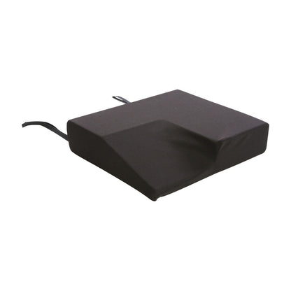 A black cushion with a sloped design and securing straps; this is the Optional Cover for AliMed AliHip Wheelchair Cushion, Home Model.