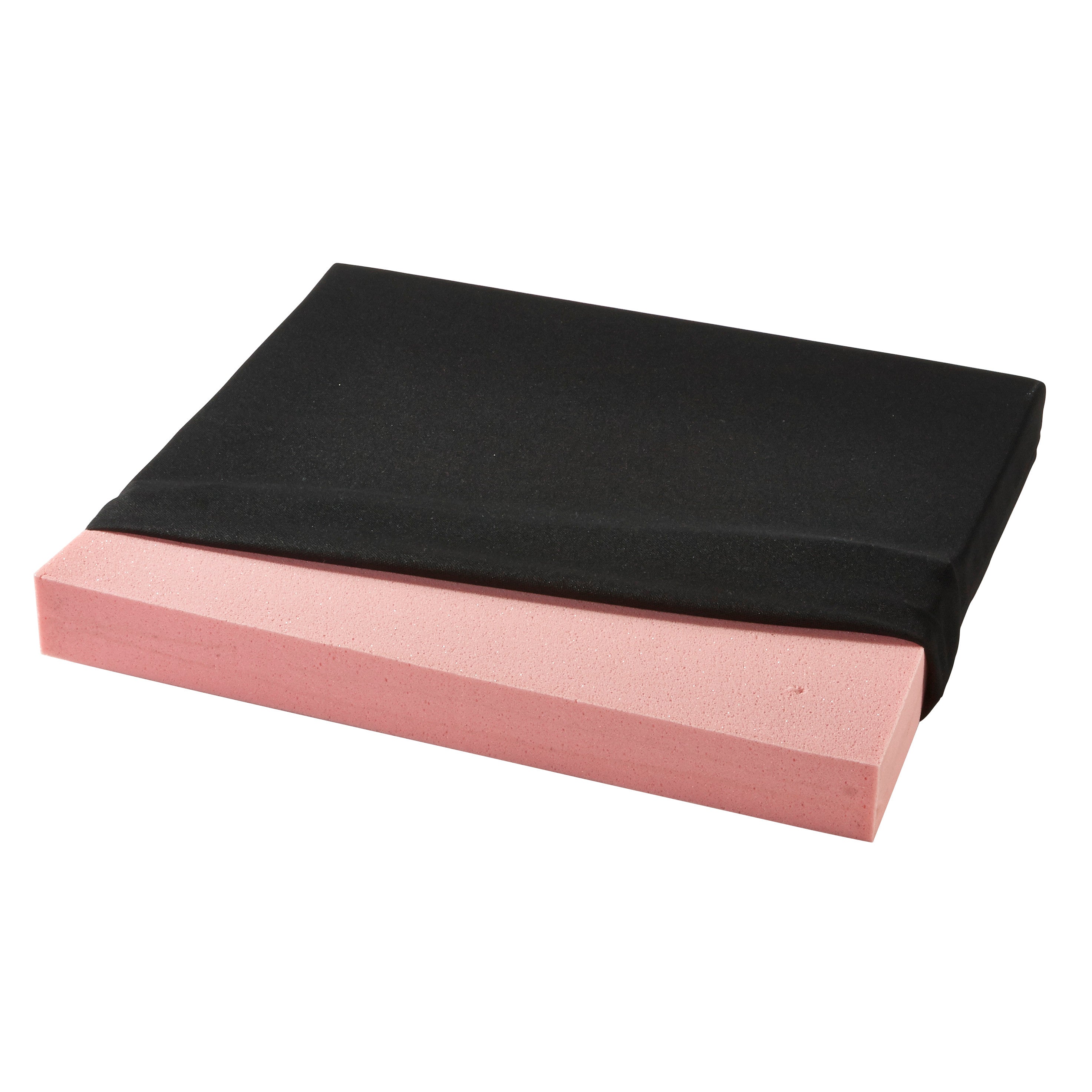 AliMed Basic T-Foam Wheelchair Cushion, featuring a pink foam core partially covered by a black fabric cover.