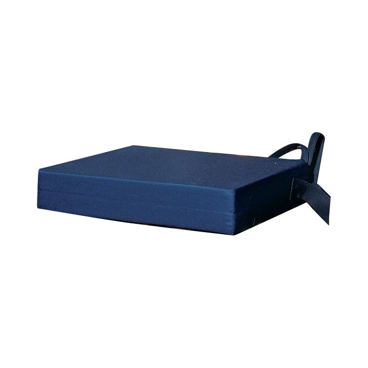 A dark blue AliMed Portable Easy Up Sit-to-Stand Cushion with a diagonal side view and an attached black strap.