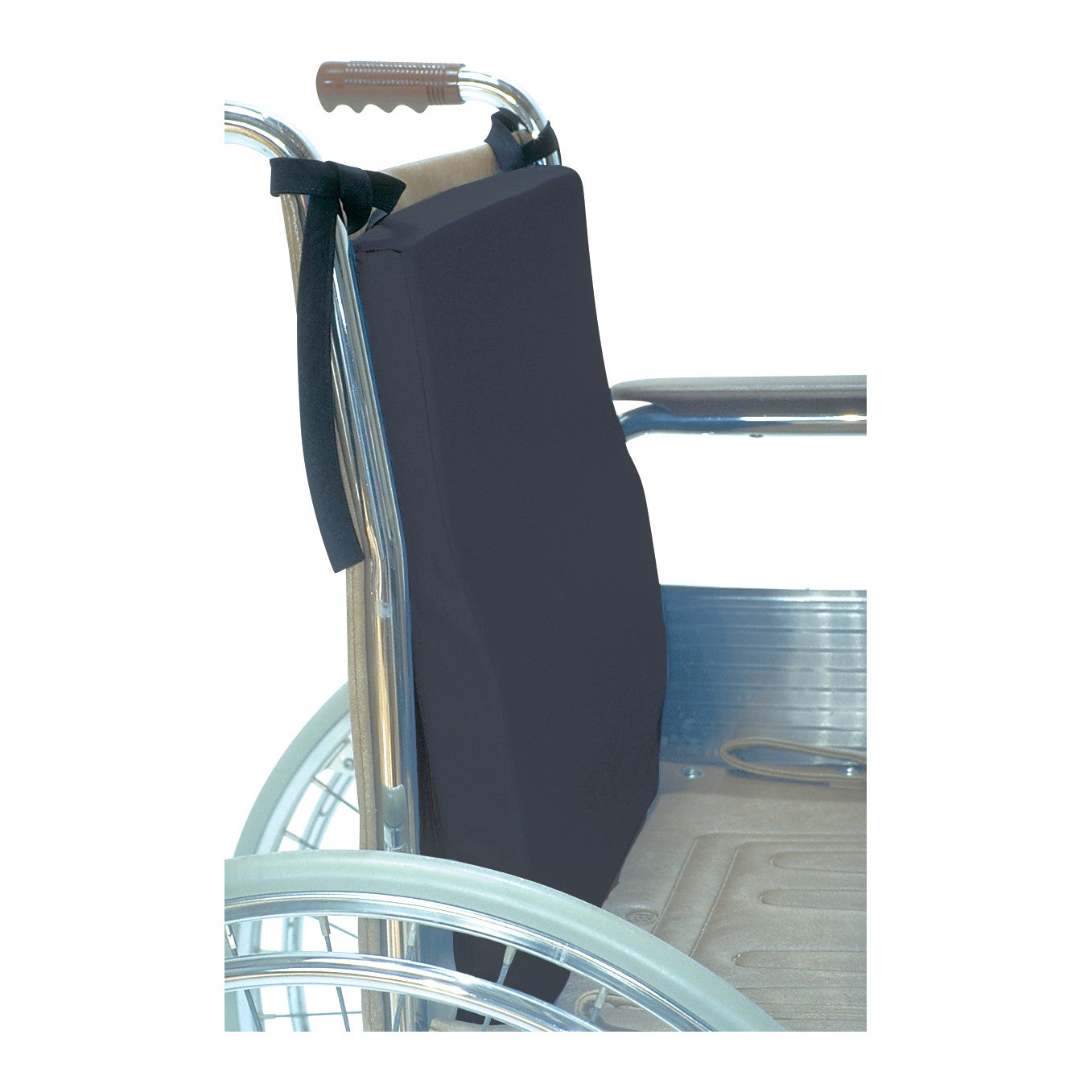 A wheelchair equipped with an AliMed Convex Back Support Cushion, secured by straps to the frame, offers enhanced back support.