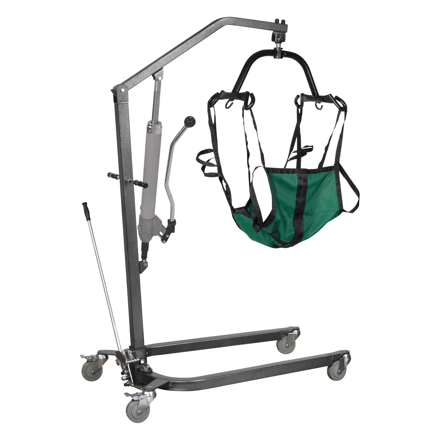 Drive Medical Hydraulic Standard Patient Lift with a green sling, featuring a metal frame, hydraulic pump, and caster wheels.