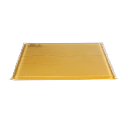 The AliMed T-Gel Wheelchair Cushion is shown in a side view, with a flat, rectangular shape and a golden-yellow hue.